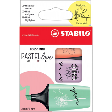 Markeerstift Stabilo Boss Mini PastelLove, doosje met 3 stuks in geassorteerde pastelkleuren