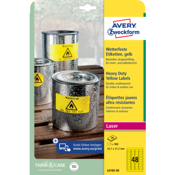 Etiket Avery Zweckform L6103-20 45.7x21.2mm geel 960stuks