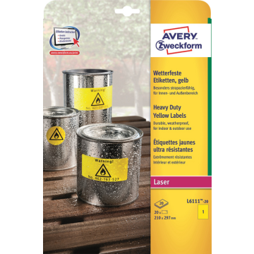 Etiket Avery L6111-20 210x297mm geel 20 stuks