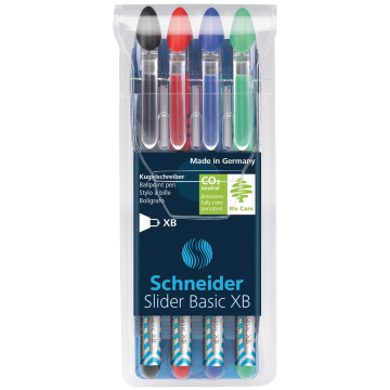 Schneider Balpen Slider Basic XB, etui van 4 stuks (3+1 gratis) in geassorteerde kleuren