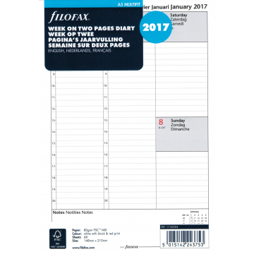 Filofax A5 Vulling Week op 2 Pagina's met kolommen 3 talig 2017