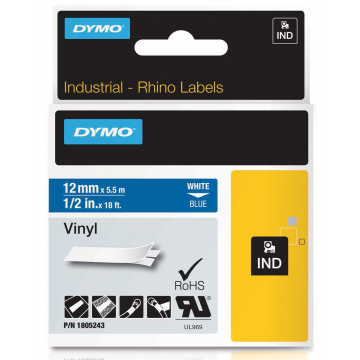 Dymo RHINO vinyltape 12 mm, wit op blauw