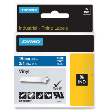 Dymo RHINO vinyltape 19 mm, wit op blauw