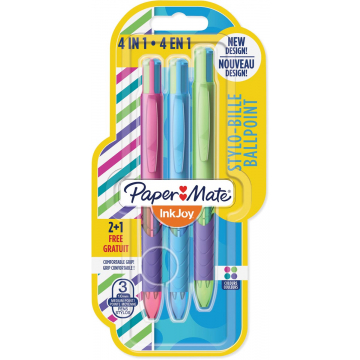 Paper Mate 4-kleuren balpen Inkjoy Quatro Joie De Vivre, blister 2 + 1 gratis