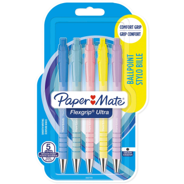 Paper Mate balpen Flexgrip Pastel RT, medium, blauwe inkt, blister van 5 stuks, assorti