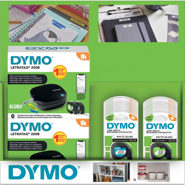 Display Dymo: 6 x LetraTag 200B promopack + 20 x tape (10 x papier en 10 x plastic)