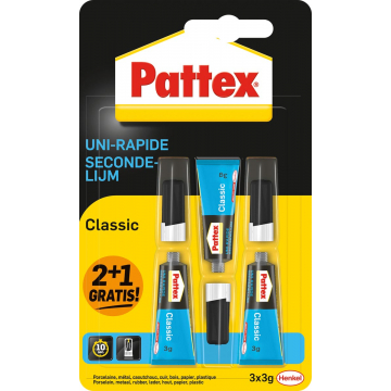 Pattex Classic secondelijm, 3 g, 2 + 1 gratis, op blister