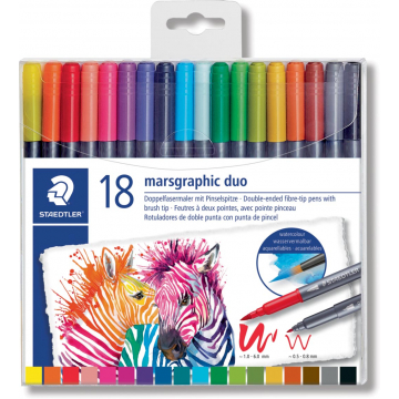 Staedtler brushpen Marsgraphic duo, doos van 18 stuks in geassorteerde kleuren