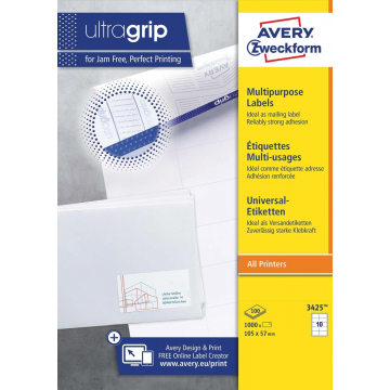 Avery Zweckform 3425, Universele etiketten, Ultragrip, wit, 100 vellen, 10 per vel, ft 105 x 57 mm