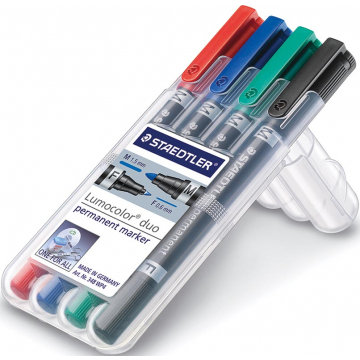 Staedtler Lumocolor permanent duo, doos van 4 stuks in geassorteerde kleuren