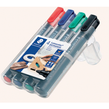 Staedtler permanente marker Lumocolor, ronde punt, etui van 4 stuks in geassorteerde kleuren