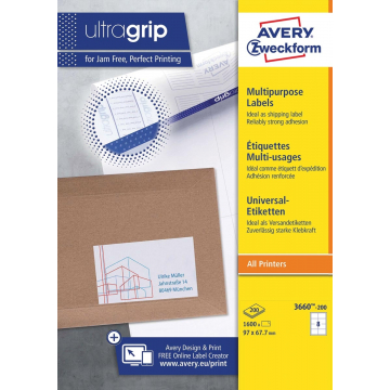 Avery Zweckform 3660-2, Universele etiketten, Ultragrip, wit, 200 vellen, 8 per vel, 97 x 67,7 mm