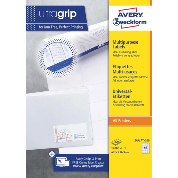 Avery Zweckform 3667-2, Universele etiketten, Ultragrip, wit, 100 vellen, 64 per vel, 48,5 x 16,9 mm