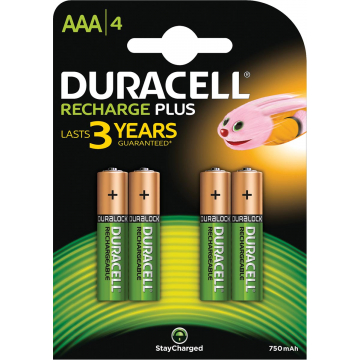 Duracell oplaadbare batterijen Recharge Plus AAA, blister van 4 stuks