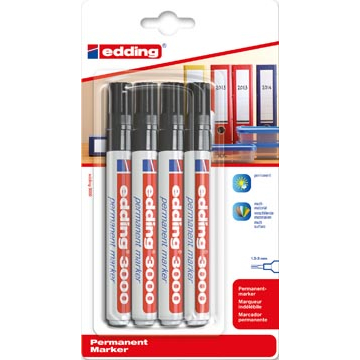 Edding permanent marker 3000 zwart, blister met 4 stuks