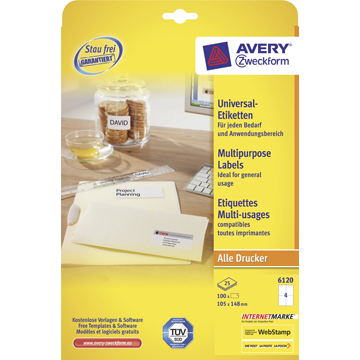 Avery Zweckform 6120, Universele etiketten, Ultragrip, wit, 25+5 vel, 4 per vel, 105 x 148 mm