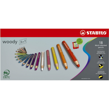Kleurpotloden STABILO 880 woody 3 in 1 Arty + slijper+penseel ass 18st