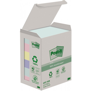 Post-it recycled notes Nature, 100 vel, ft 38 x 51 mm, pak van 6 blokken, geassorteerde kleuren