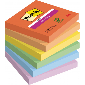 Post-it Super Sticky Notes Playful, 90 vel, ft 76 x 76 mm, geassorteerde kleuren, pak van 6 blokken