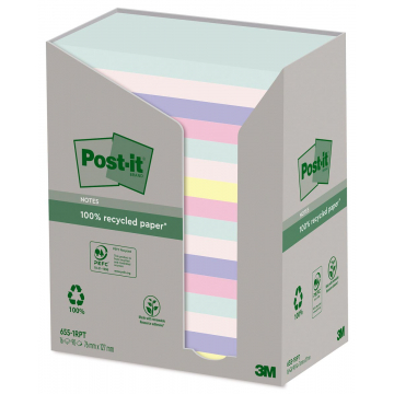 Post-it recycled notes Nature, 100 vel, ft 76 x 127 mm, pak van 16 blokken, geassorteerde kleuren