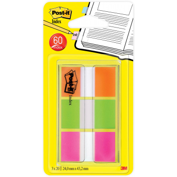 Post-it Index standaard, ft 25,4 x 43,2 mm, blister met 3 kleuren, 20 tabs per kleur