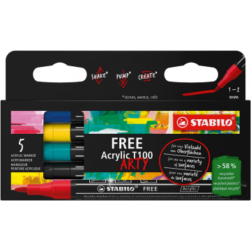 STABILO free acrylmarker T100 Royal, ronde punt, 1-2 mm, geassorteerde kleuren, pak van 5 stuks