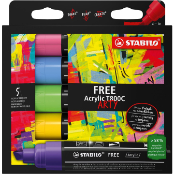STABILO free acrylmarker T800 Seaside, schuine punt, 4-10 mm, geassorteerde kleuren, pak van 5 stuks