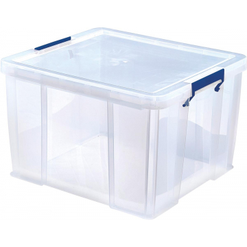 Bankers Box opbergdoos 48 liter, transparant met blauwe handvaten, per stuk verpakt in karton