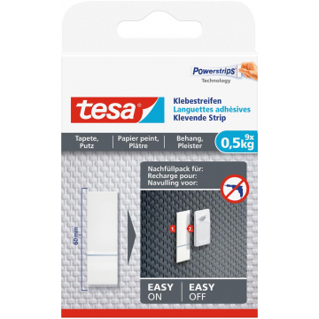 Tesa Klevende strip navulling, draagkracht 0,5 kg, behang en pleisterwerk, pak van 9 stuks