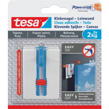 Tesa Klevende Spijker Canvas, draagkracht 2 kg, behang en pleisterwerk, wit, 2 spijkers en 6 strips