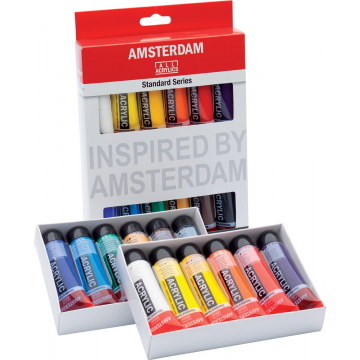 Amsterdam acrylverf tube van 20 ml, etui van 12 stuks in geassorteerde kleuren