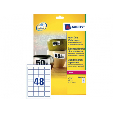 Etiket Avery L4778-20 45.7x21.2mm polyester wit 960stuks