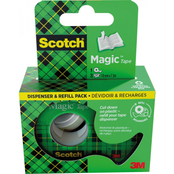 Scotch Magic Tape plakband ft 19 mm x 7,5 m, dispenser + 3 rolletjes, ophangbaar doosje