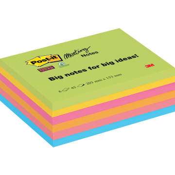 Post-it Super Sticky Meeting Notes, ft 203 x 152 mm, geassorteerde kleuren, 45 vel, pak van 6 blokken