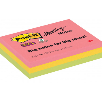 Post-it Super Sticky Meeting Notes, ft 203 x 152 mm, geassorteerde kleuren, 70 vel, pak van 3 blokken