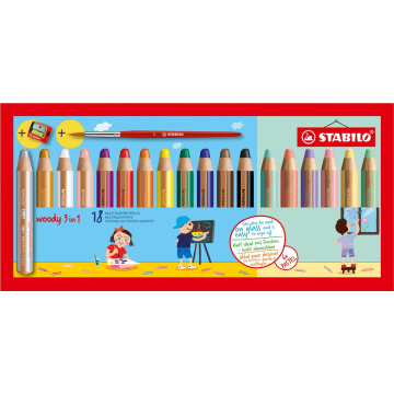STABILO woody 3in1 kleurpotlood, etui van 18 stuks in geassorteerde kleuren + slijper + penseel