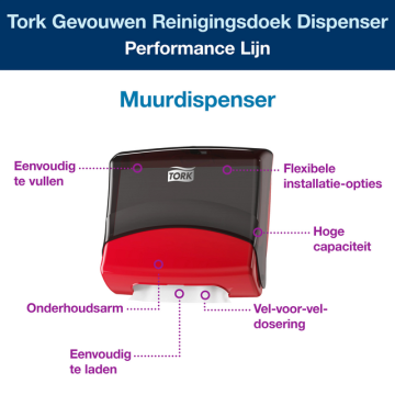 Reinigingsdoekdispenser Tork W4 Performance wandmontage zwart/rood 654008