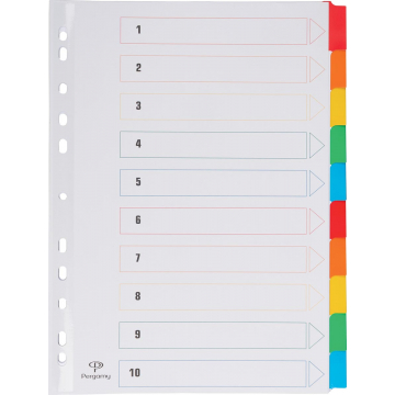 Pergamy tabbladen met indexblad, ft A4, 11-gaatsperforatie, geassorteerde kleuren, 10 tabs