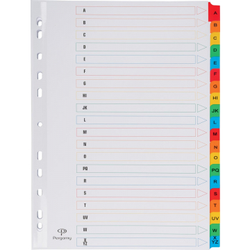 Pergamy tabbladen met indexblad, ft A4, 11-gaatsperforatie, geassorteerde kleuren, A-Z 20 met tabs