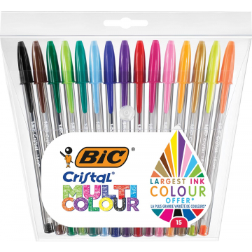 Bic balpen Cristal Multicolour, etui van 15 stuks in geassorteerde kleuren