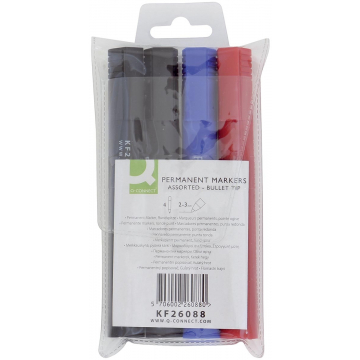 Q-Connect permanente marker, ronde punt, geassorteerde kleuren, etui van 4 stuks