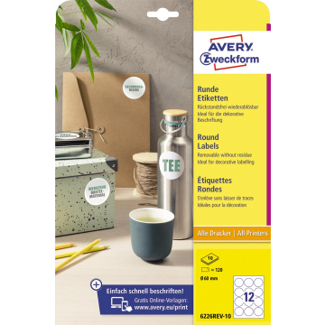 Avery Zweckform ronde etiketten, 60 mm, blister van 120 stuks, wit