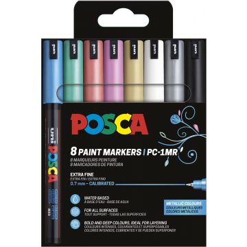 Uni POSCA paintmarker PC-1MR, 0,7 mm, etui van 8 stuks in geassorteerde metallic kleuren