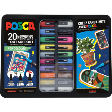 Posca paintmarkers, metalen doos van 20 stuks, assorti, ontwerp Pop Colours