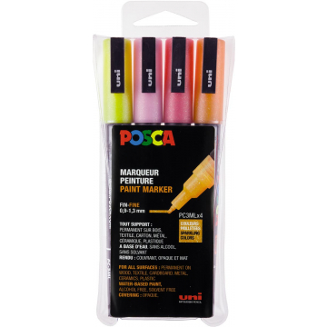 Posca paintmarker PC-3M, set van 4 markers, glitter, geel-oranje-roze-rood