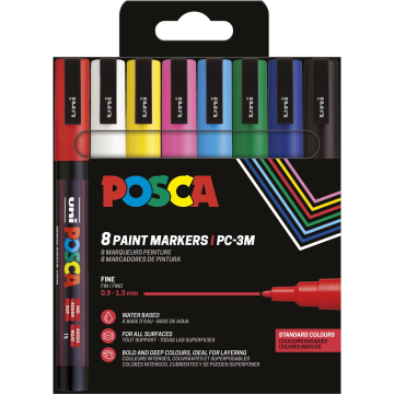 Uni POSCA paintmarker PC-3M, 1,5 mm, etui van 8 stuks in geassorteerde basiskleuren
