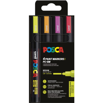 Uni POSCA paintmarker PC-5M, 1,8 - 2,5 mm, etui van 4 stuks in fluo kleuren