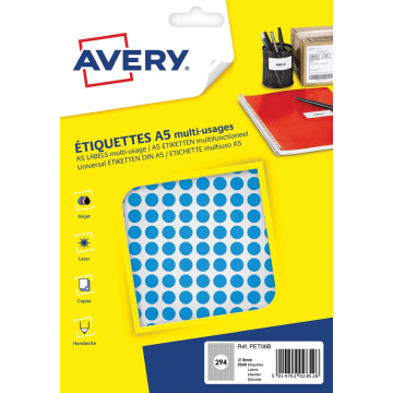 Avery PET08B ronde markeringsetiketten, diameter 8 mm, bliser van 2940 stuks, blauw