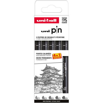 Uni Pin fineliner, gekalibreerde punten, zwart, 0,1-0,3-0,5-0,7-0,9 mm, blister van 4 + 1 gratis