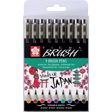 Sakura brush pen, etui van 9 stuks, in geassorteerde kleuren